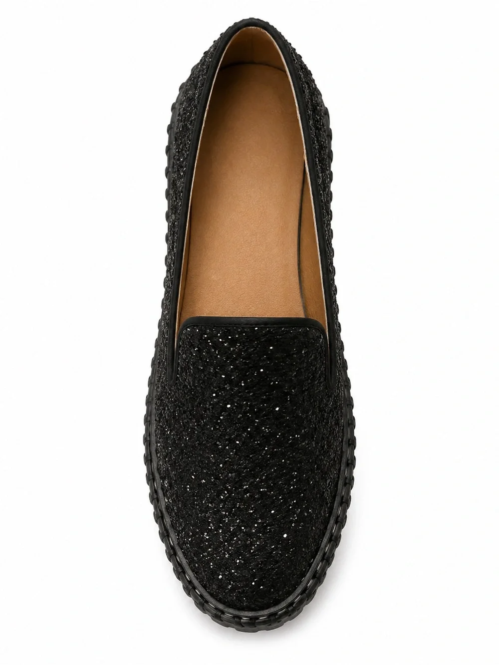 Black Glitter Rhinestone Platform Slip On Loafers Metallic Trim